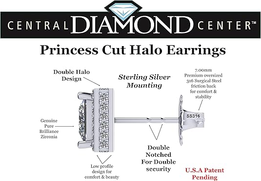 Princess Halo Earrings W/ Pure Brilliance Zirconia In Sterling Silver Mounting, Hypoallergenic