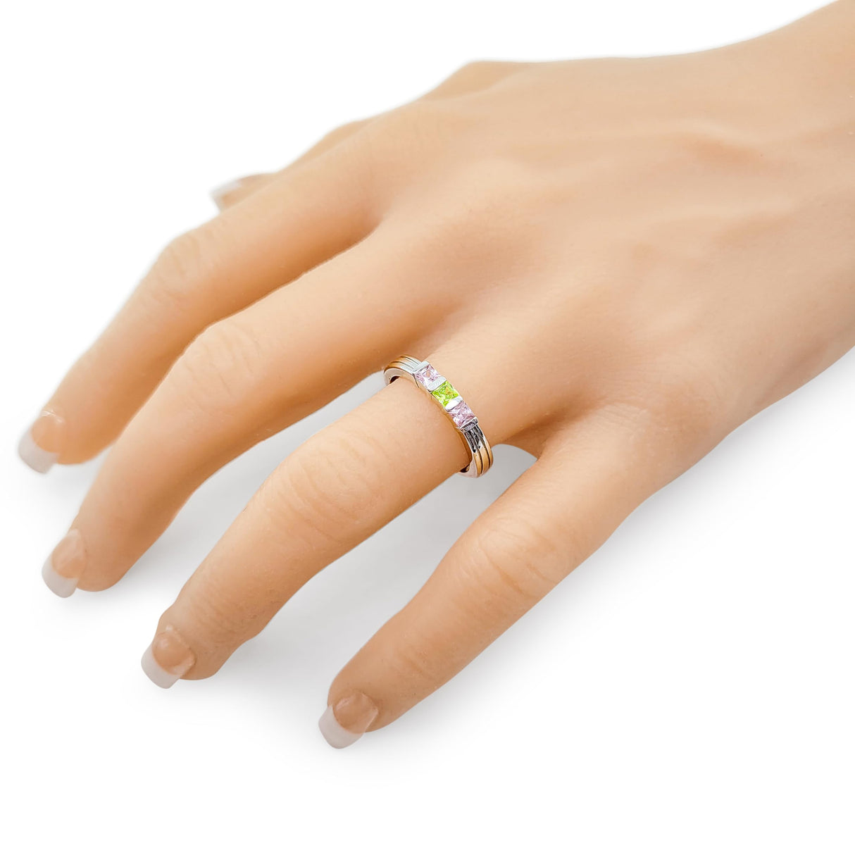 Central Diamond Center Princess Mothers Ring w/ 1 to 6 Simulated Birthstones in Sterling Silver, 10K or 14K Gold