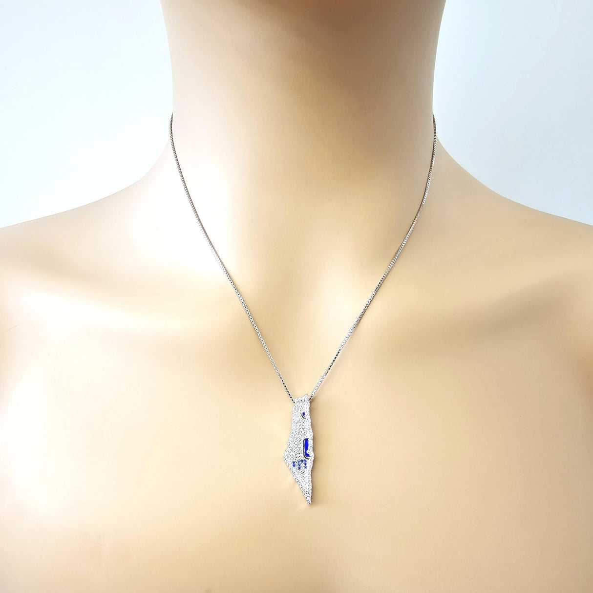 Central Diamond Center Israel Map Necklace/Pendant-Sterling Silver Am Israel Chai on Back Side-3D Map of Israel Large & Small