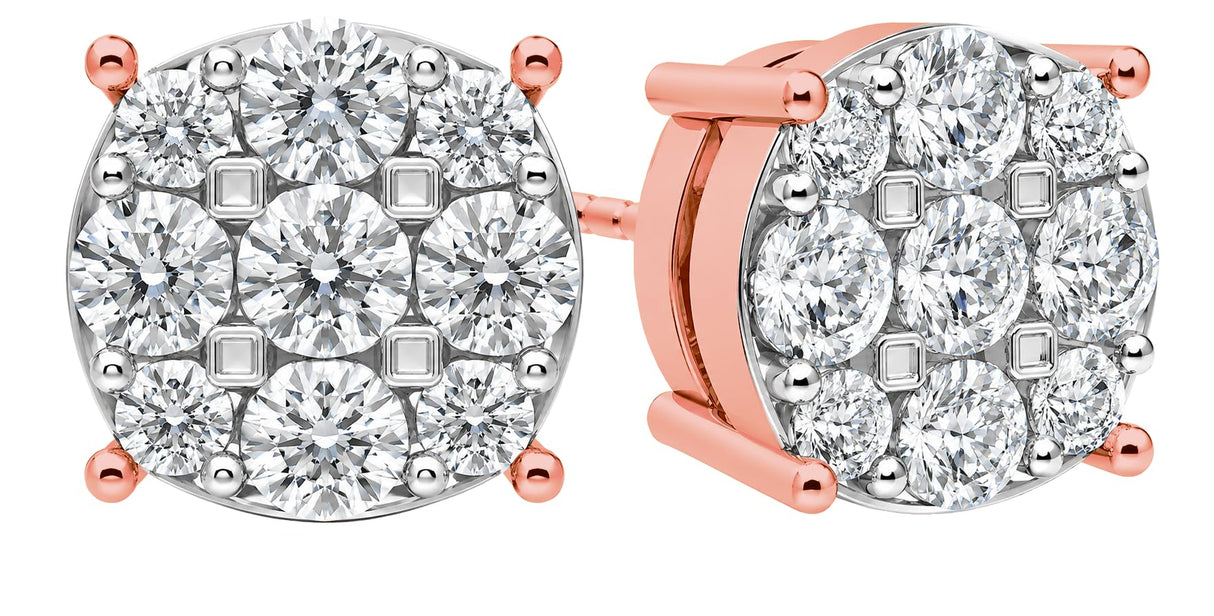Diamond Stud Earrings CVD Lab Grown Diamonds solid 14K post & Silver basket, 7 or 9 Stone Cluster