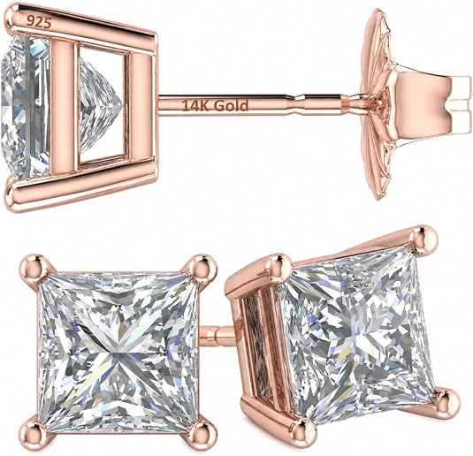 14K Gold Posts & Sterling Silver Princess Cut CZ Stud Earrings w/Pure Brilliance Zirconia, 1.50-4.00ctw