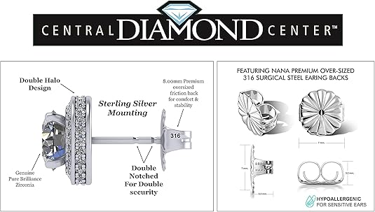 Central Diamond Center Halo Earring & Necklace Set, Solid Sterling Silver w/Pure Brilliance Zirconia - Hypoallergenic