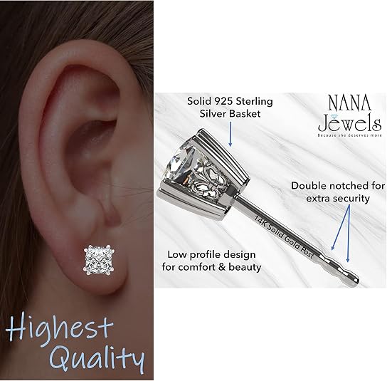 NANA Jewels Asscher Cut 14K Solid Gold Posts & Sterling Silver Simulated Diamond Stud Earrings 0.75 to 4.00ctw CZ