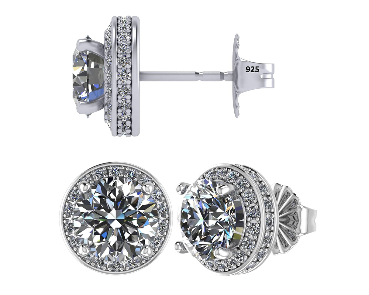 Round halo stud earrings with pure brilliance zirconia, sterling silver, hypoallergenic.