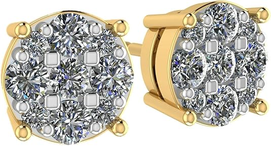 Model wearing sparkling 9 stone lab diamond cluster earrings.