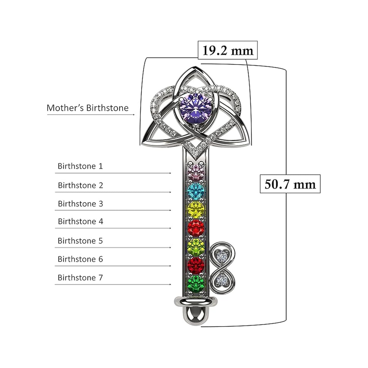 Key to Infinity Love Mother & Child Necklace w/ 1-7 Birthstones in Silver, 10K, or 14K Gold