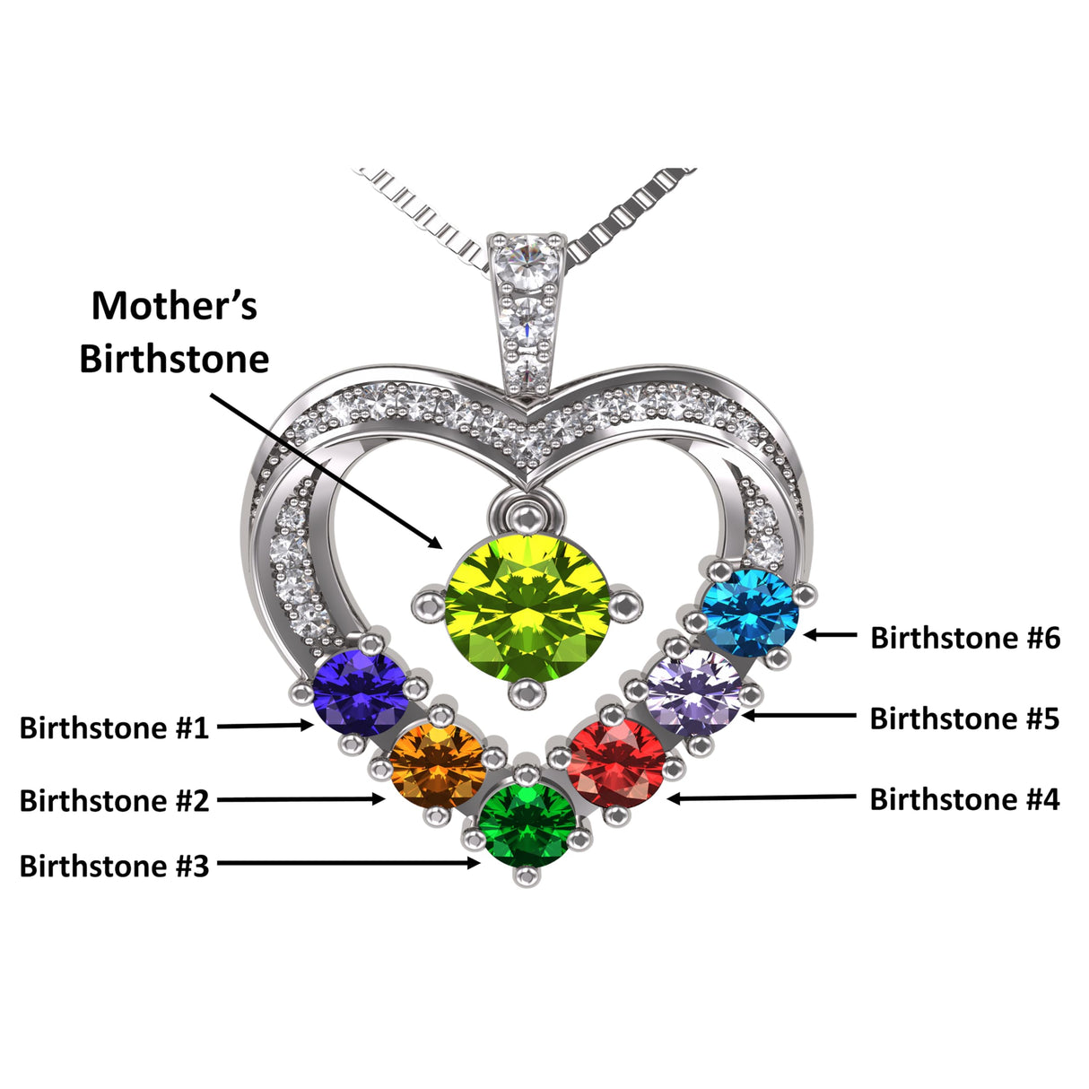Central Diamond Center Mother & Child Heart Birthstone Necklace w/ 1-6 Simulated Gemstones in Sterling Silver, 10K, or 14K Gold