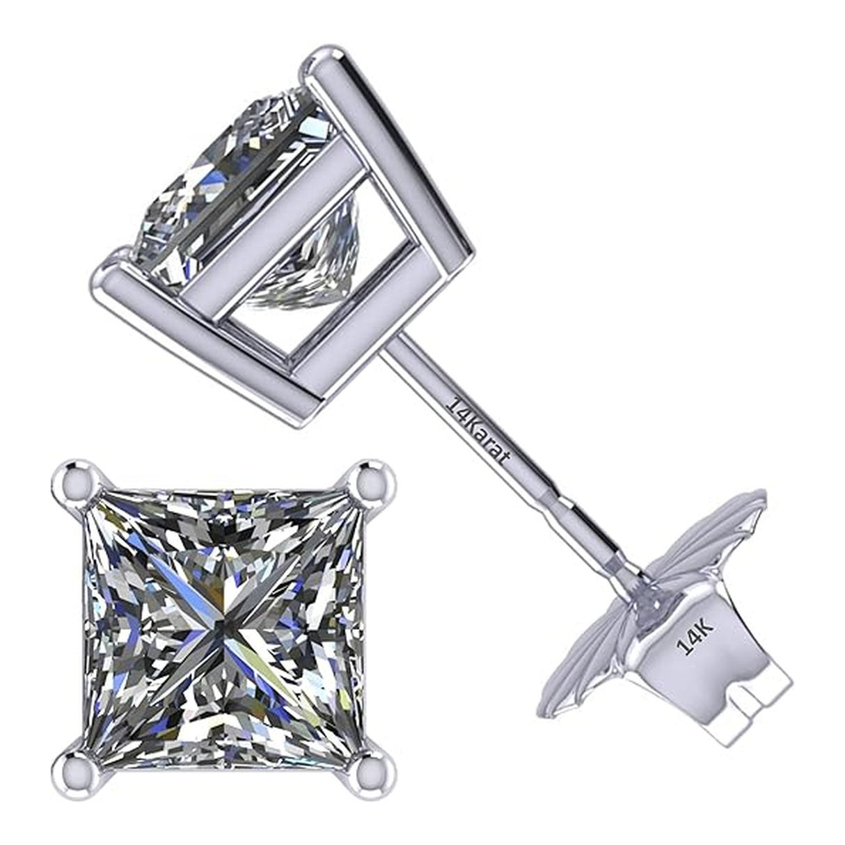Central Diamond Center Princess Cut CVD Lab-grown Diamond Stud Earrings 14K solid Gold from 0.20ct to 2.00ct E-F VS-SI