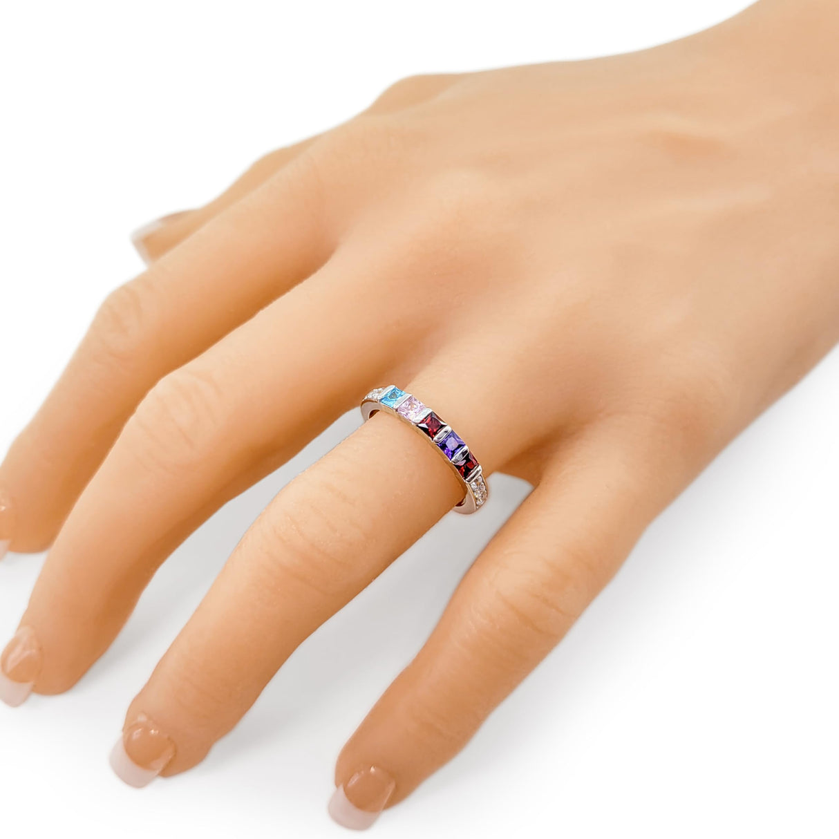 Central Diamond Center Princess w/Sides Mothers Rings with 1 to 6 Simulated Birthstones, Sterling Silver, 10K or 14K Gold