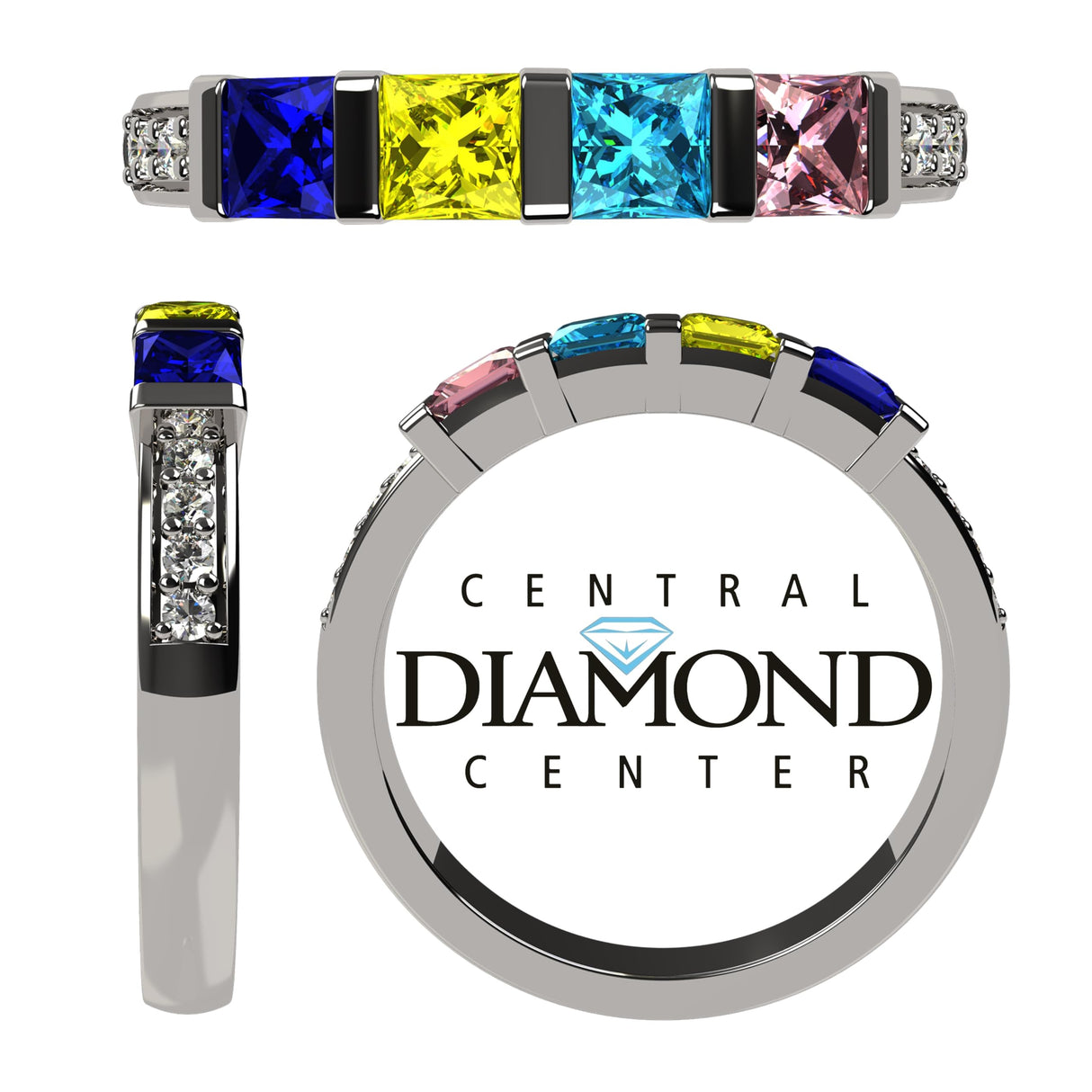 Central Diamond Center Princess w/Sides Mothers Rings with 1 to 6 Simulated Birthstones, Sterling Silver, 10K or 14K Gold
