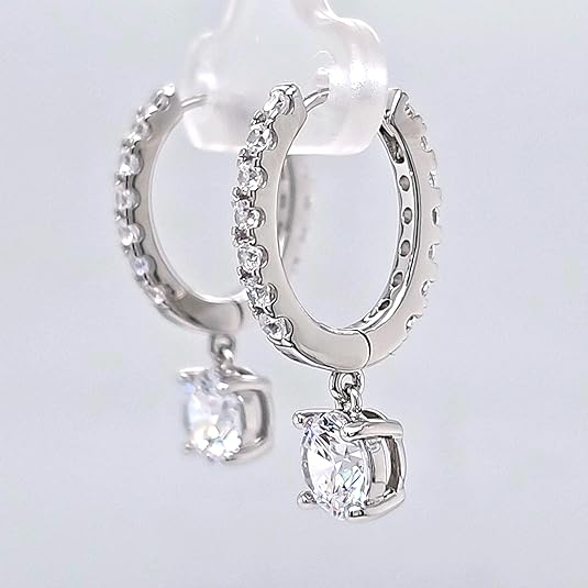 Central Diamond Center Sterling Silver Hoop Earrings with Round-Cut Simulated Diamond Dangle – 2.5 CTW CZ, Prong Set, Elegant Drop Hoops for Women