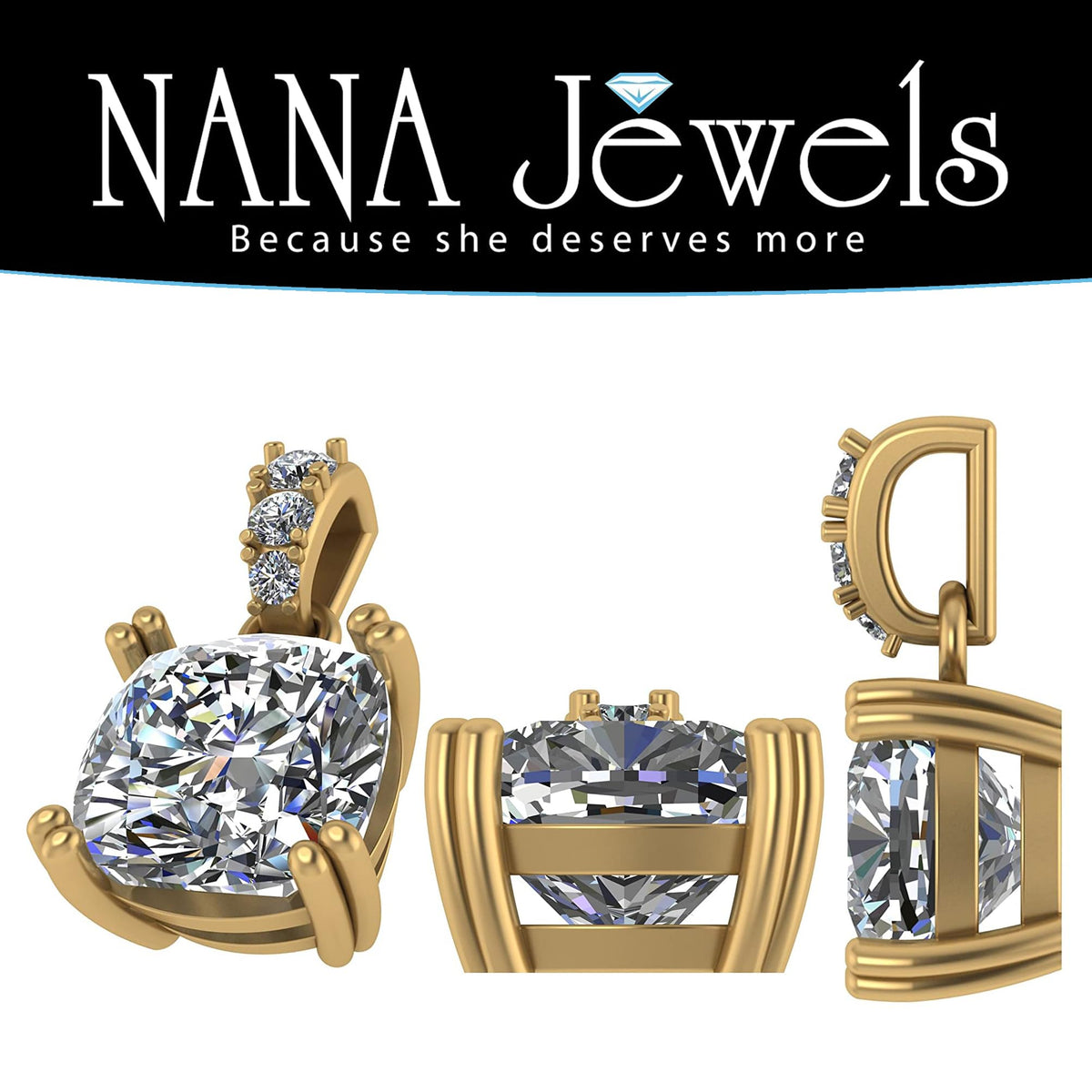 NANA Jewels Cushion Cut CZ Simulated Diamond Solitaire Necklace Sterling Silver 7-8mm Cubic Zirconia, 2.00ct & 3.00ct