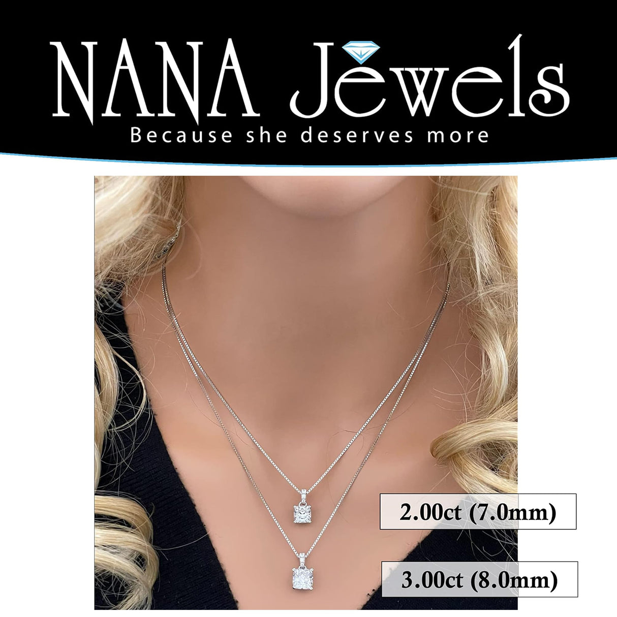 NANA Jewels Cushion Cut CZ Simulated Diamond Solitaire Necklace Sterling Silver 7-8mm Cubic Zirconia, 2.00ct & 3.00ct