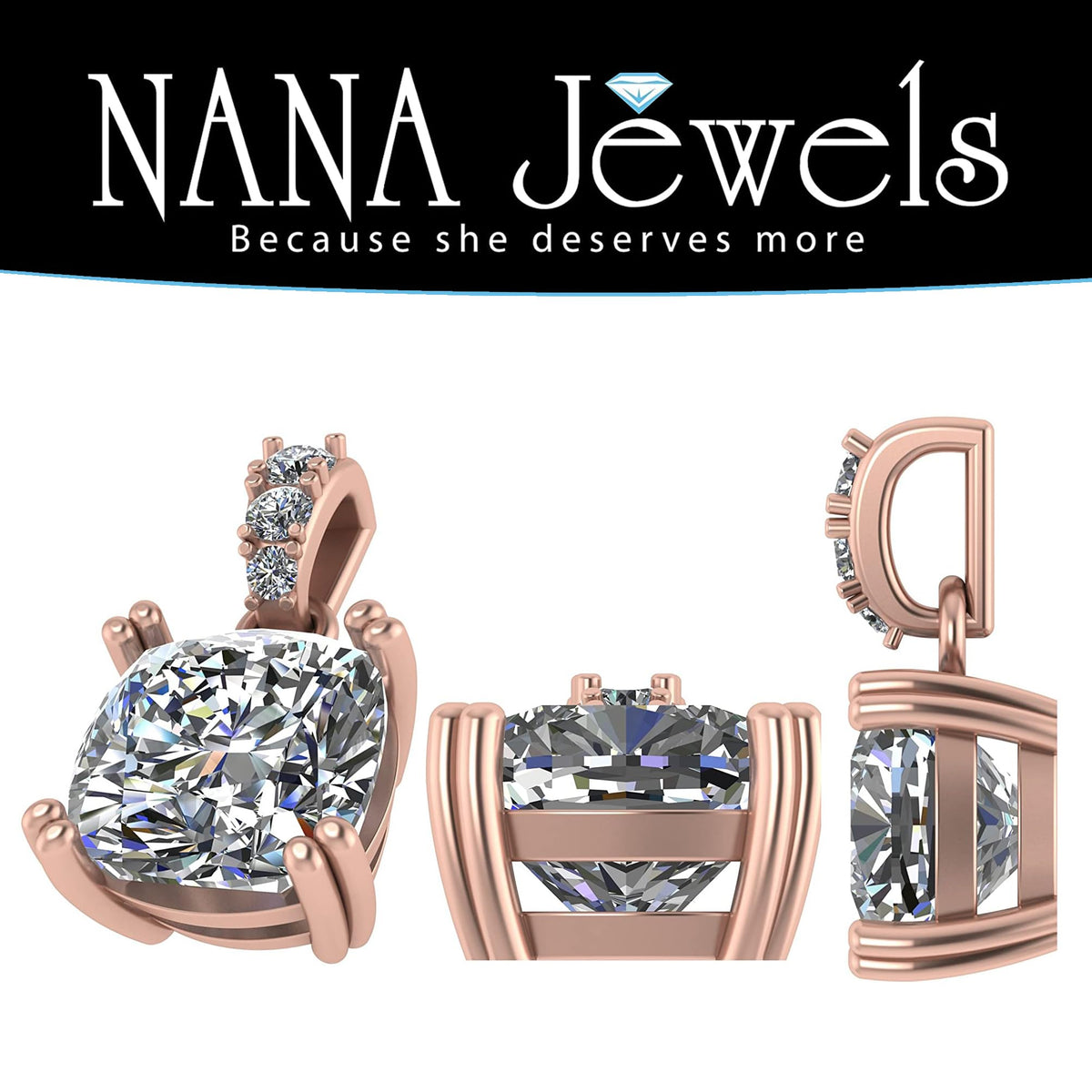 NANA Jewels Cushion Cut CZ Simulated Diamond Solitaire Necklace Sterling Silver 7-8mm Cubic Zirconia, 2.00ct & 3.00ct