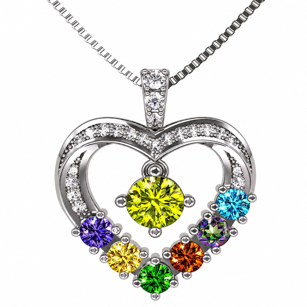 Central Diamond Center Mother & Child Heart Birthstone Necklace w/ 1-6 Simulated Gemstones in Sterling Silver, 10K, or 14K Gold