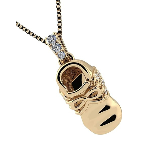 Solid 14K gold baby shoe pendant for new mom.