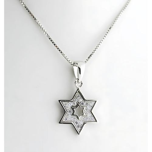 Sterling silver Magen David pendant with box chain.