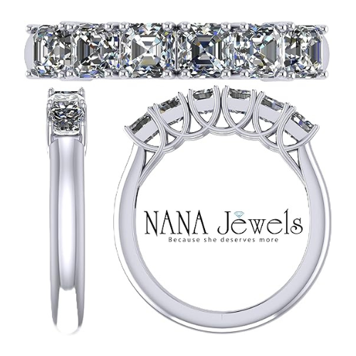 NANA Jewels Asscher Cut Simulated Diamond Ring 1.00ctw 6 Stone Wedding Band, Sterling Silver 10K/14K Gold