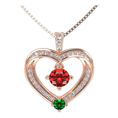 Central Diamond Center Couples 2 Stone Heart Pendant w/ Simulated Birthstones, Includes 0.8mm 22" Adj. Box Chain