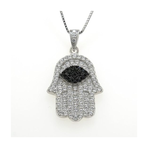 Central Diamond Center Simulated Diamonds Halo Hamsa Pendant Sterling Silver and box chain