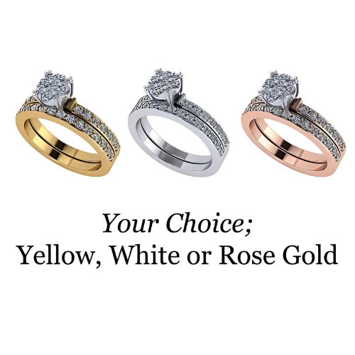 0kt gold cluster bridal set, side view