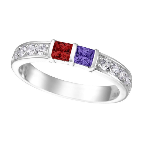 Central Diamond Center Princess w/ Side CZ Couples 2 Stone Ring w/ Simulated Birthstones in Silver 10K or 14K Gold