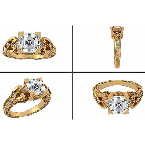 Detail of Asscher cut gemstone with antique setting.