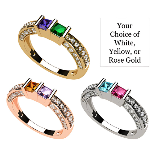 Detail of princess cut and cubic zirconia accents.