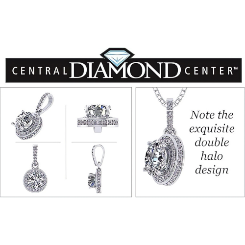 Model wearing personalized simulated diamond halo necklace.