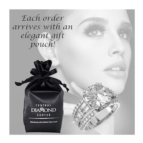 3.00 Carat Simulate Diamond Engagement Ring-Round & Baguette 5.00ct twt-Platinum Plated Sterling Silver