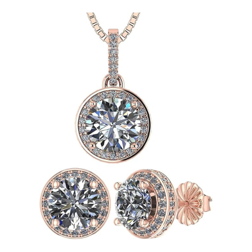 Central Diamond Center Halo Earring & Necklace Set, Solid Sterling Silver w/Pure Brilliance Zirconia - Hypoallergenic