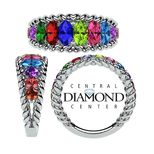 Central Diamond Center Oval Rope Mothers Birthstone Ring w/ 1 to 12 Simulated Gemstones in Sterling Silver, 10K, or 14K Gold For Women