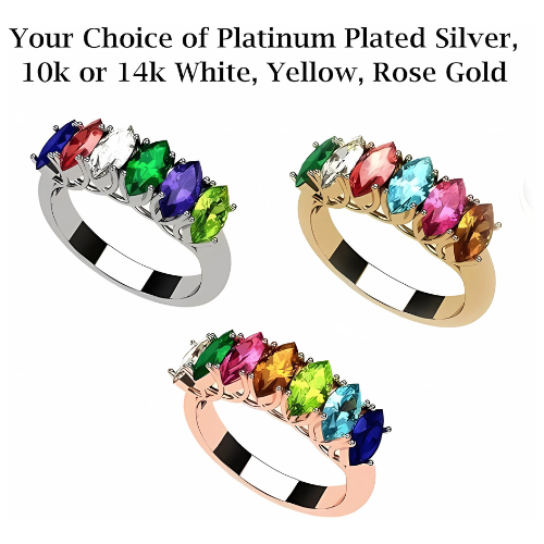 Central Diamond Center Marquise Cut Lucita Mothers Rings w/ 1 to 7 Simulated Birthstones in Sterling Silver, 10K or 14K Gold