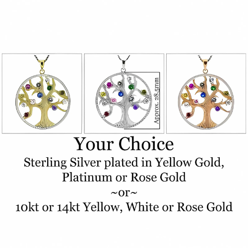 Mothers Tree of Life Birthstone Necklace w/ 1-13 Simulated Gemstones & CZ Bezel in Silver, 10K, 14K Gold