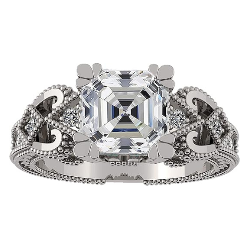 Central Diamond Center Asscher Cut Engagement Ring Pure Brilliance Zirconia, Vintage & Antique Look, Sterling Silver, 10K or 14K Gold