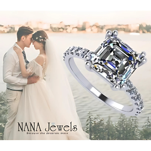 NANA Jewels 1.50ct-3.00ct Asscher Cut Solitaire Zirconia Engagement Ring W/Sides in Sterling Silver, 10K or 14K Gold