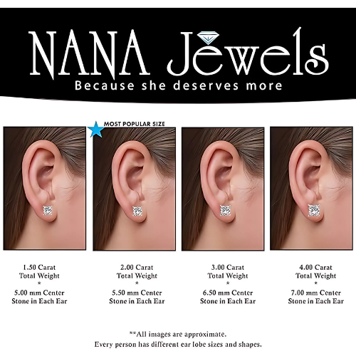 Woman wearing silver princess cut stud earrings.