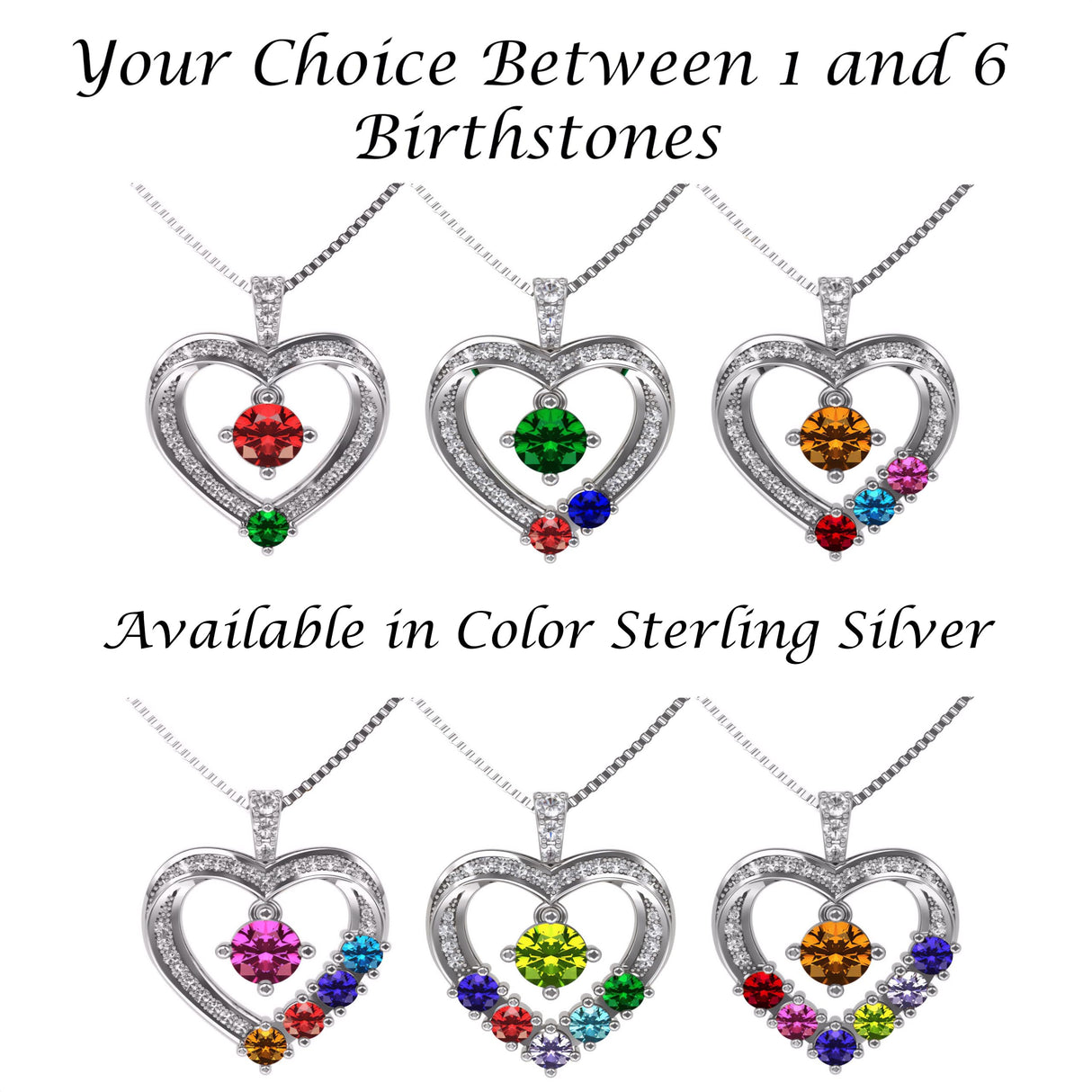 Central Diamond Center Mother & Child Heart Birthstone Necklace w/ 1-6 Simulated Gemstones in Sterling Silver, 10K, or 14K Gold