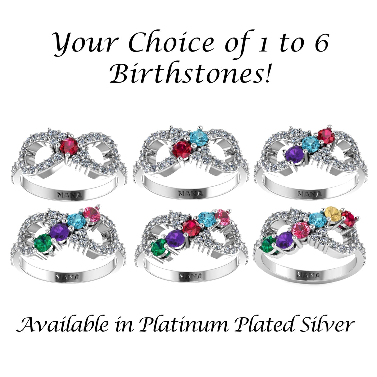 Central Diamond Center Infinity Mothers Rings w/ 1 to 6 Simulated Birthstones in Sterling Silver, 10K or 14K Gold