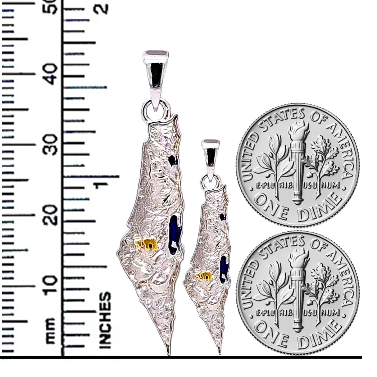 Central Diamond Center Israel Map Necklace/Pendant-Sterling Silver Am Israel Chai on Back Side-3D Map of Israel Large & Small