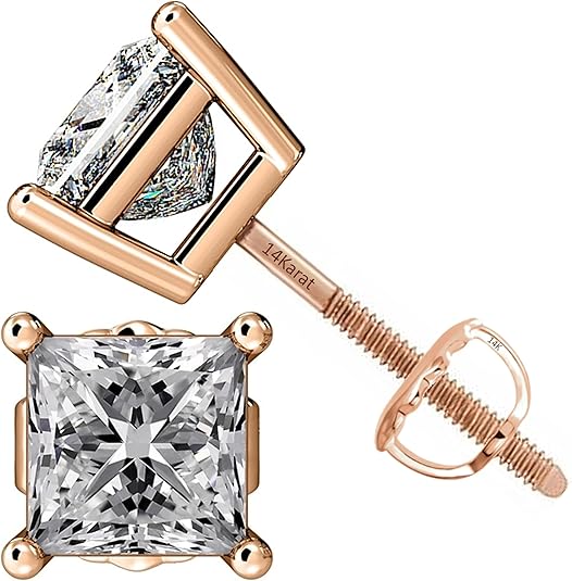 Central Diamond Center Princess Cut CVD Lab-grown Diamond Stud Earrings 14K solid Gold from 0.20ct to 2.00ct E-F VS-SI