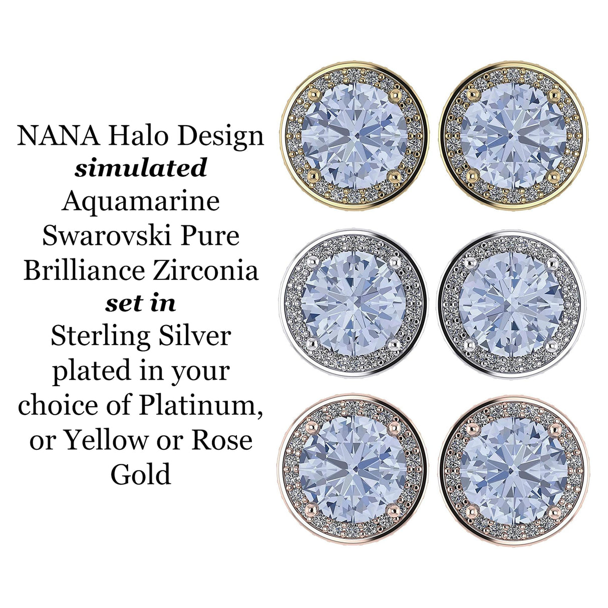 NANA Jewels Round Halo Simulated Aquamarine Pure Brilliance Zirconia Earrings & Necklace in Solid Sterling Silver