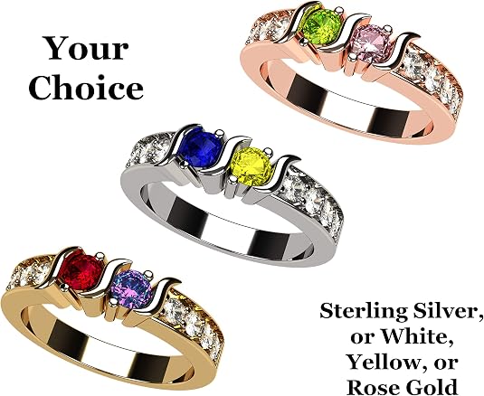 Central Diamond Center S-Bar w/Sides Couple's Ring with Simulated Birthstones in Sterling Silver, 10K or 14k Solid GOLD