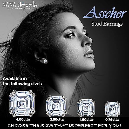 NANA Jewels Asscher Cut 14K Solid Gold Posts & Sterling Silver Simulated Diamond Stud Earrings 0.75 to 4.00ctw CZ
