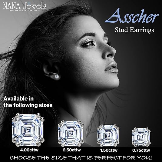 NANA Jewels Asscher Cut 14K Solid Gold Posts & Sterling Silver Simulated Diamond Stud Earrings 0.75 to 4.00ctw CZ