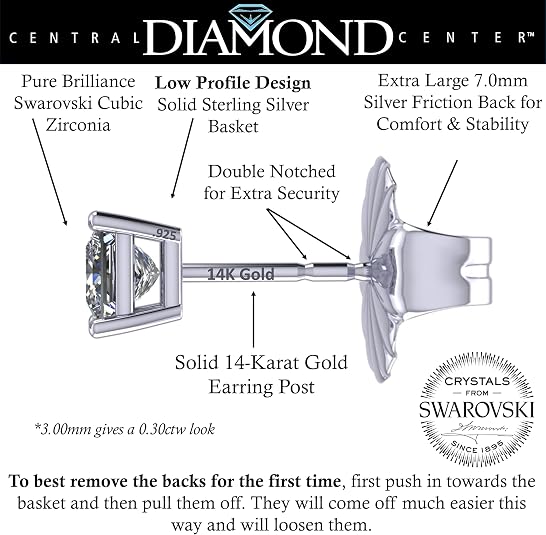 14K Gold Posts & Sterling Silver Princess Cut CZ Stud Earrings w/Pure Brilliance Zirconia, 1.50-4.00ctw