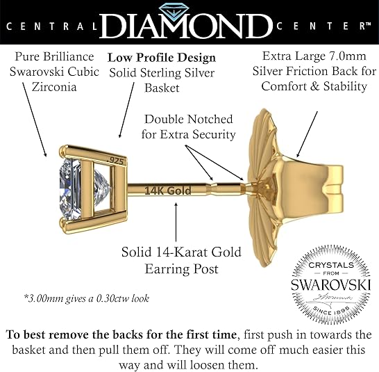 14K Gold Posts & Sterling Silver Princess Cut CZ Stud Earrings w/Pure Brilliance Zirconia, 1.50-4.00ctw