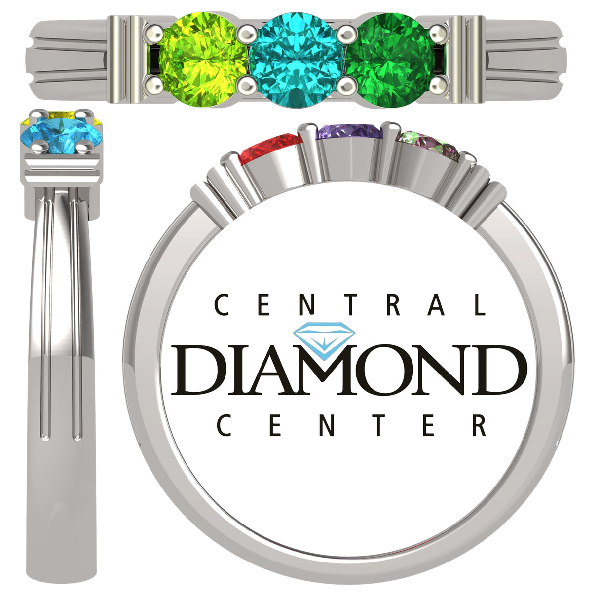 Central Diamond Center Shared Prong Mothers Birthstone Family Ring w/ 1 to 6 Simulated Gemstones in Sterling Silver, 10K or 14K Gold