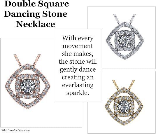 Central Diamond Center Double Square Dancing Gemstone Necklace for Women in Sterling Silver w/Pure Brilliance Zirconia