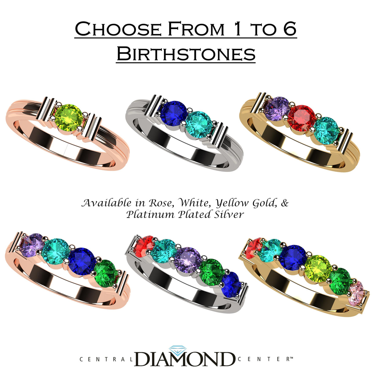 Central Diamond Center Shared Prong Mothers Birthstone Family Ring w/ 1 to 6 Simulated Gemstones in Sterling Silver, 10K or 14K Gold